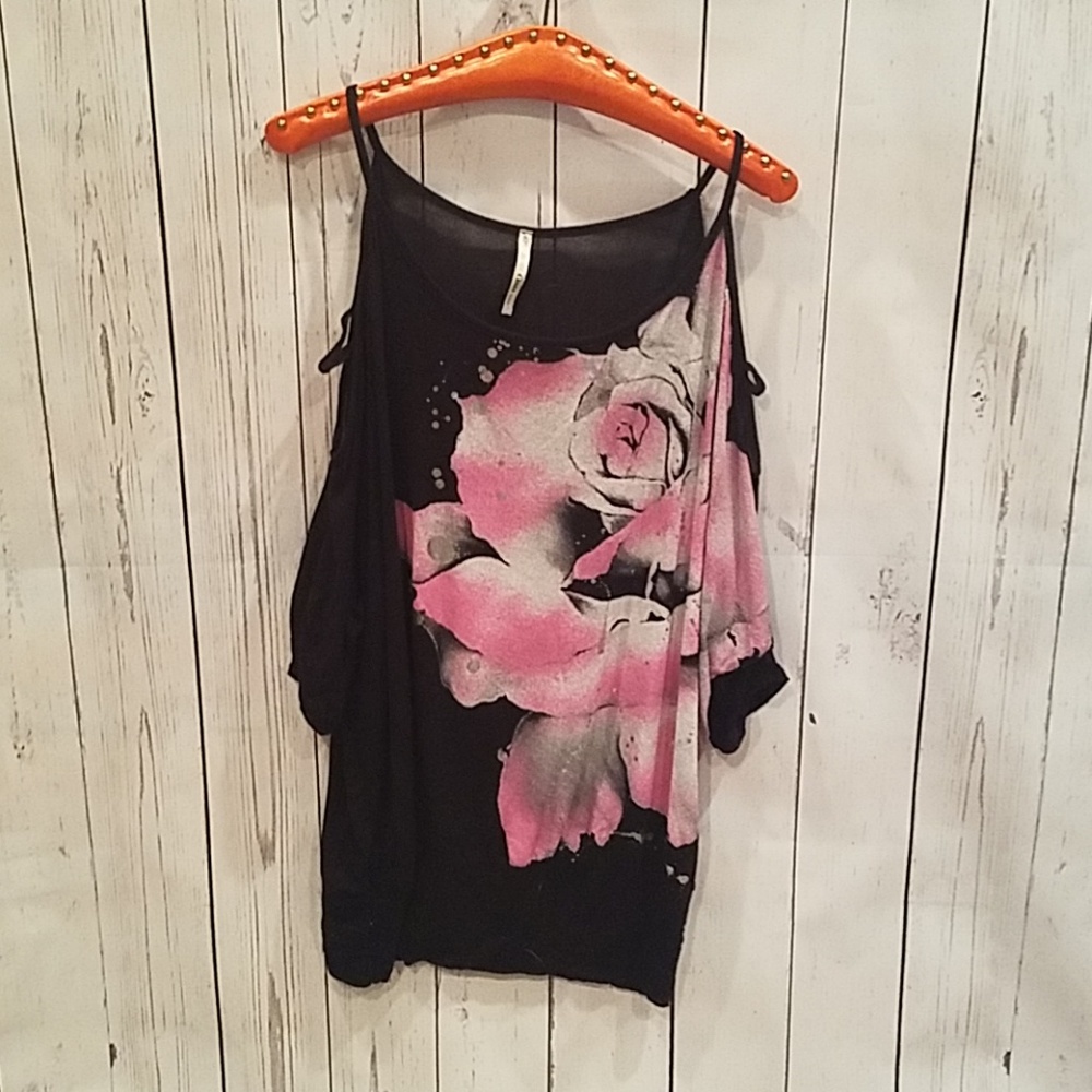 OATT Black Strappy Cold Shoulder "Rose" Blouse!